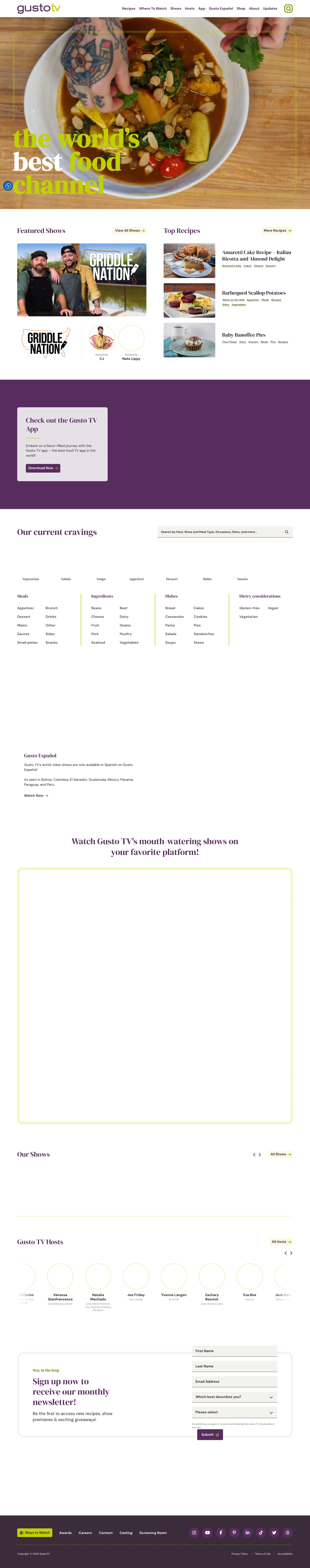 The Gusto TV homepage at full scroll.