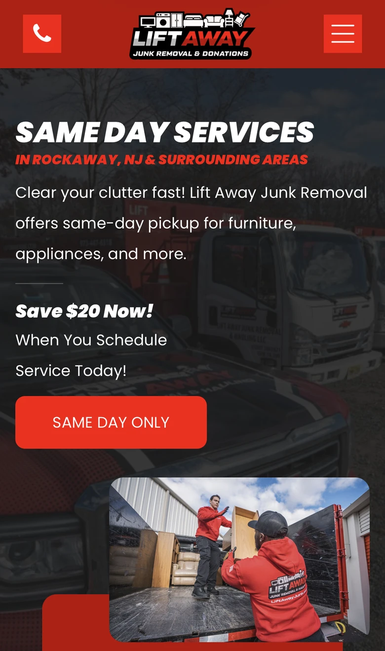 Same-day service gets its own page, with the real crew doing the real work right under the offer.