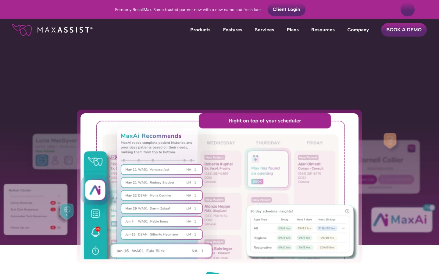 MaxAssist, Plain-language product story for dental teams. (desktop)