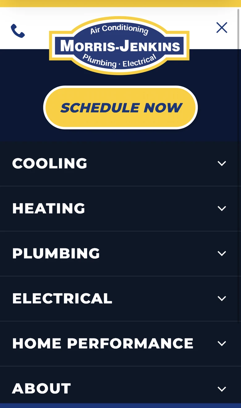 The whole company in one menu. Cooling, heating, plumbing, electrical, each a real page.