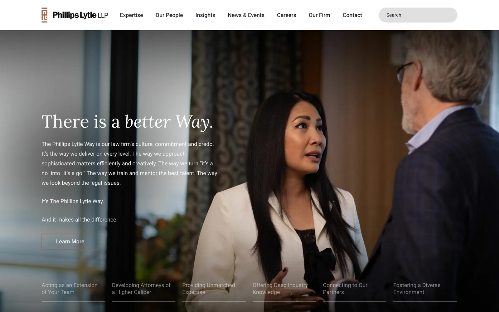 Phillips Lytle LLP, Direct-to-PDF export on every attorney profile. (desktop)