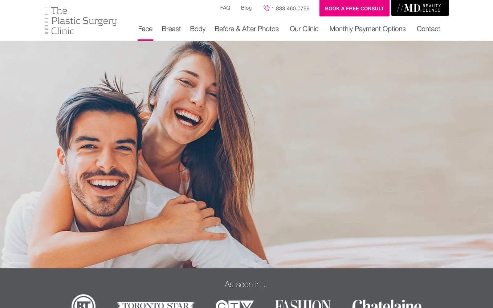 The Plastic Surgery Clinic, Anchor sub-navigation handles dense procedure content. (desktop)