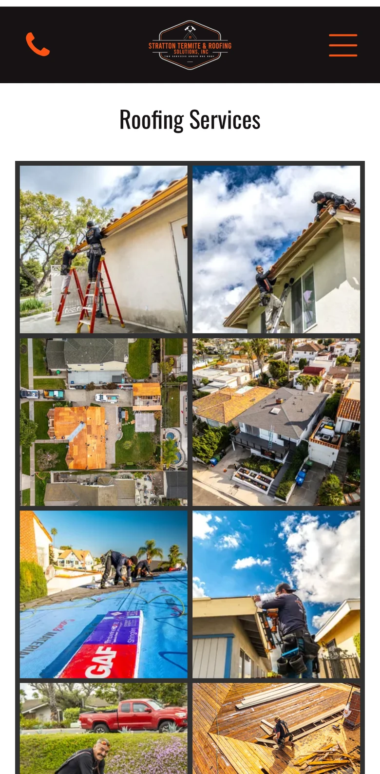 The roofing gallery shows the actual crews on actual roofs, from tear-off to finished work.
