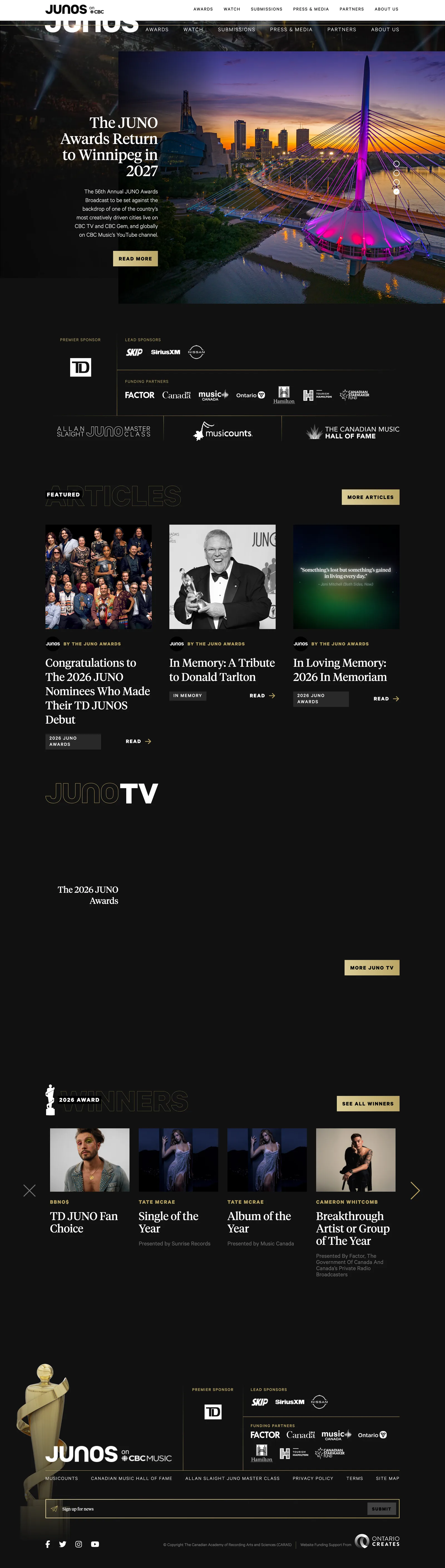 The JUNO Awards homepage at full scroll.